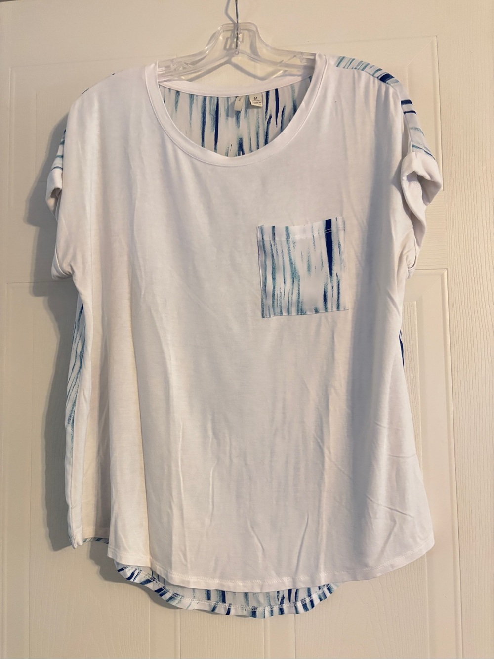 Women's White Scoop Neck Tee with Blue Striped Pocket Detail